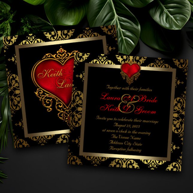 Convite Red Black e Dourado Wedes (Elegant red black and gold heart wedding invitations.)