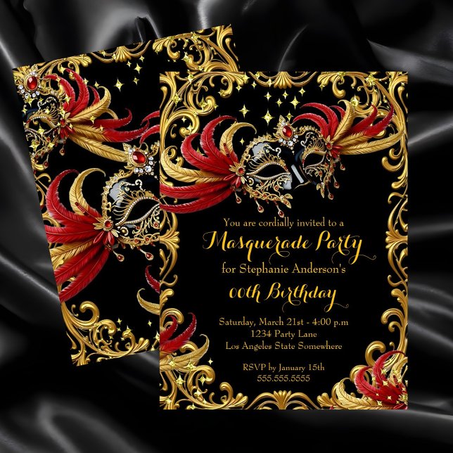 Convite Red Black Gold Magical Night Masquerade Party (Criador carregado)