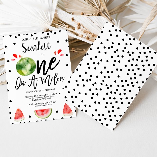 Convite Red Black Modern One in A Melon primeiro aniversar (Girls One In A Melon First Birthday Invitations, One In A Melon invite, Watermelon 1st Birthday)
