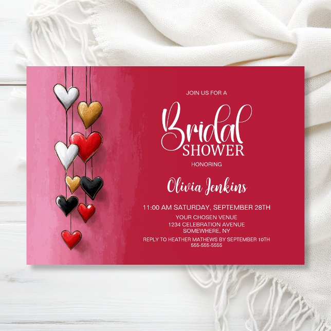 Convite Red Black Pink Hearts Bridal Shower (Criador carregado)