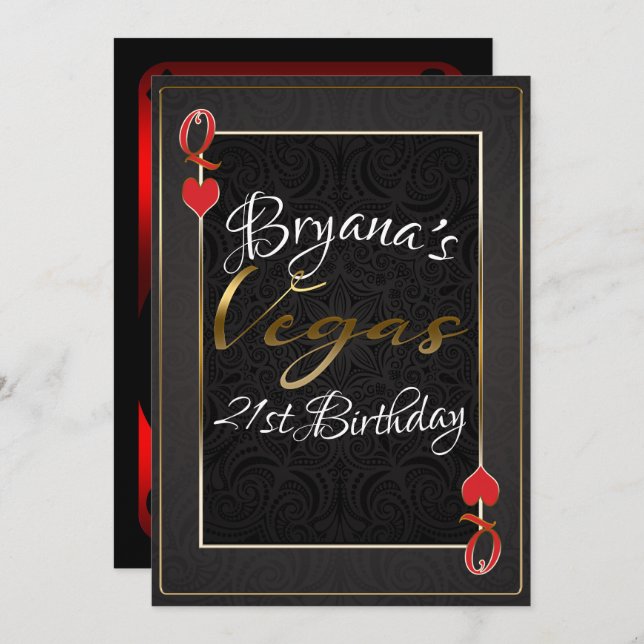 Convite Red Black Queen of Hearts Vegas aniversário de 21  (Frente/Verso)