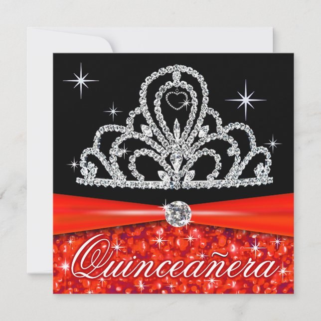 Convite Red Black Quinceanera Princesa Tiara Bling (Frente)