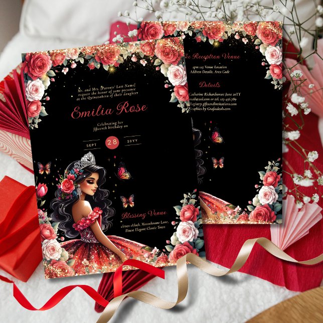 Convite Red Black Quinceanera Vestir Borboletas Florais (Criador carregado)