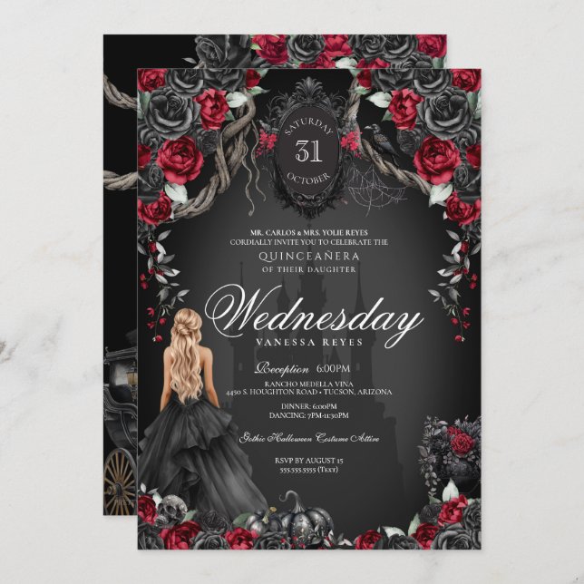 Convite Red Black Rosas Quinceanera Gotheen (Frente/Verso)