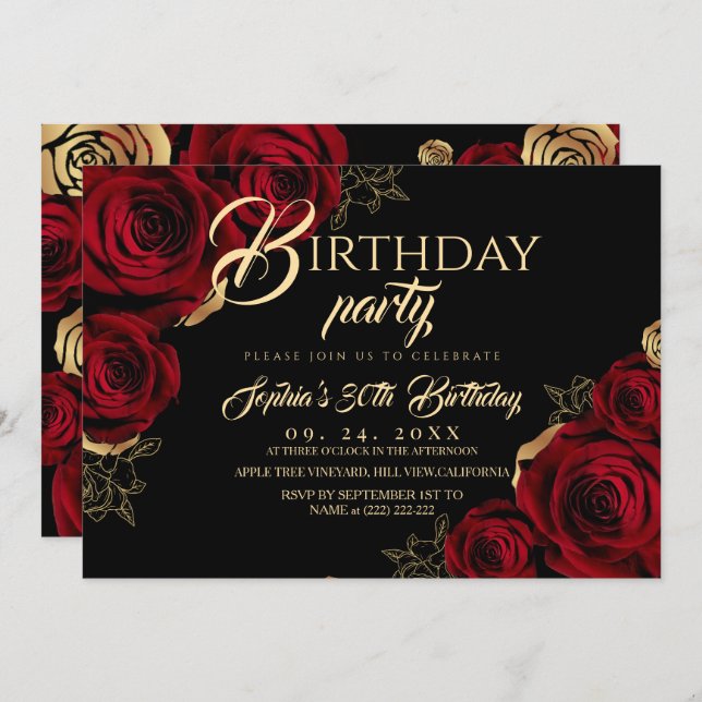 Convite Red Black Roses Birthday Party Invitation (Frente/Verso)