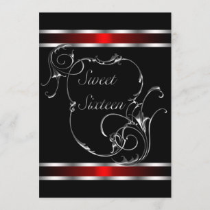 Convite Red Black Silver Swirl Elegante Doce Dezesseis