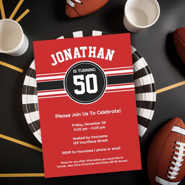 Convite Red Black Sports Jersey Festa de aniversário (Birthday Party Invitation - Sports Theme - Football Party Invitation)