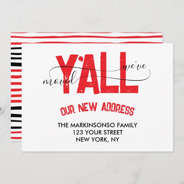 Convite Red Black Stripe We Moved Moving Announcement (Frente/Verso)