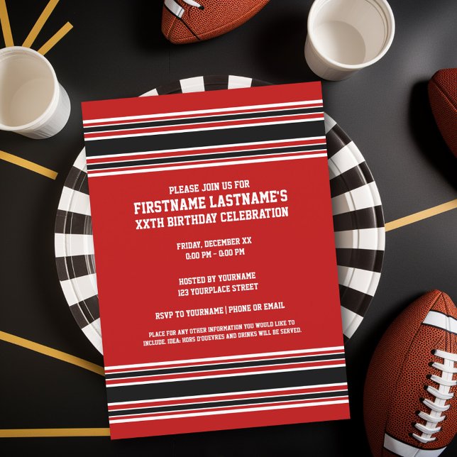 Convite Red Black Team Jersey Name Number Birthday (Birthday Party Invitation - Sports Theme - Football Party Invitation)