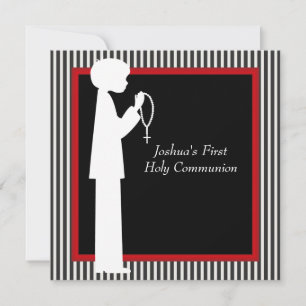 Convite Red Black White Stripe Rosary Boys Primeira Comunh