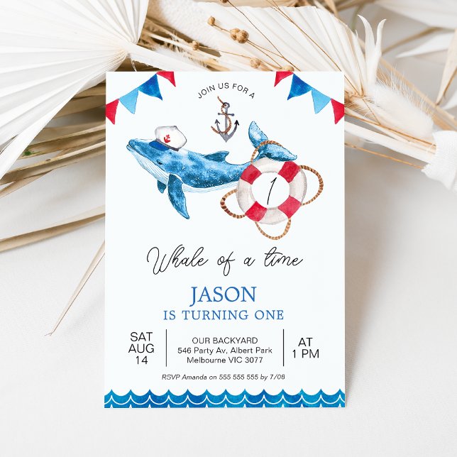 Convite Red Blue Boys Whale of a Time primeiro aniversario (Whale Themed 1st Birthday Invitation, Whale of a Time Birthday Invitation Baby Boy, Nautical Invite)