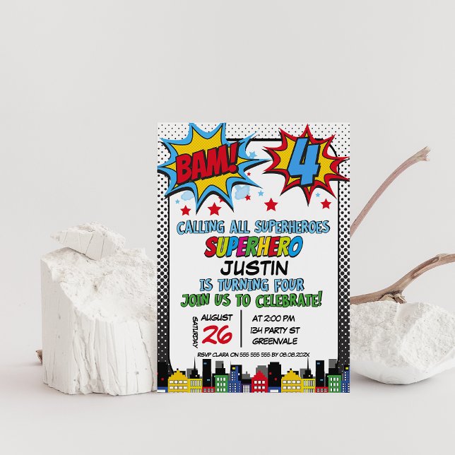 Convite Red Blue Yellow Bam Super-herói 4º aniversário (Superhero 4th Birthday Party Invitation, Bam superhero birthday invitation, Calling all superheroes)