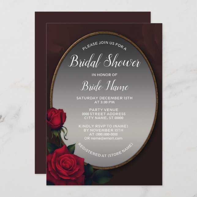 Convite Red Blush Floral Silver Gray Mirror Bridal Shower (Frente/Verso)
