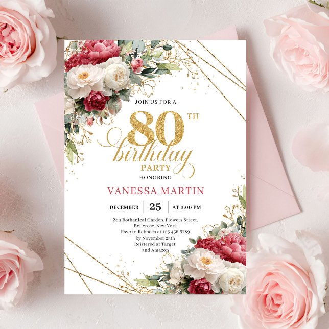 Convite Red blush roses 80th birthday invitation with gold (Red blush roses 80th birthday invitation with gold accents

)