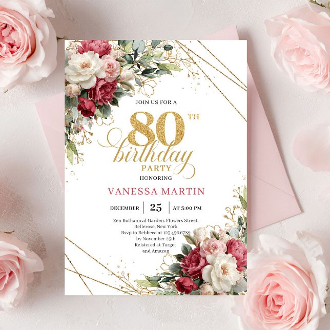 Convite Red blush roses chic gold accents card 80 birthday (Red blush roses chic gold accents card 80 birthday invitation

)