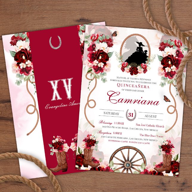 Convite Red & Blush Rustic Elegance Charro Quinceanera (Criador carregado)