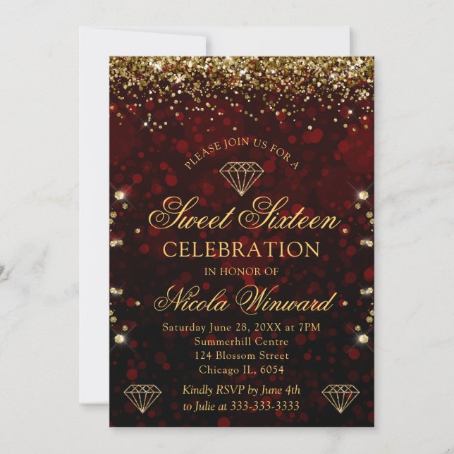 Convite Red Bokeh Escuro e Dourado Glitter Sweet 16 (Frente)