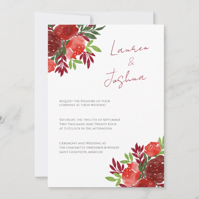 Convite Red Bold Floral Themed Casamento (Frente)