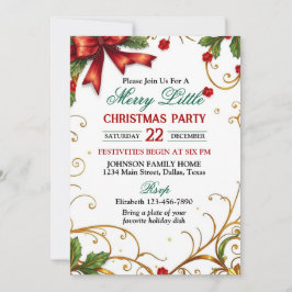 Convite Red Bow and Ornate Gold Border Christmas Party