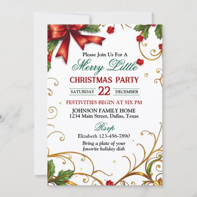 Convite Red Bow and Ornate Gold Border Christmas Party (Frente)