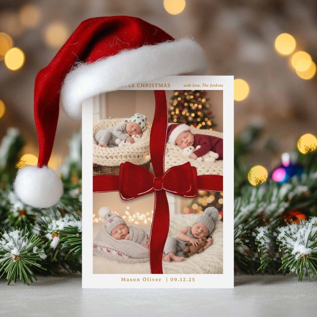 Convite Red Bow Baby’s First Christmas Four Photo Card (Merry Little Christmas - Photo Christmas Birth Announcement )