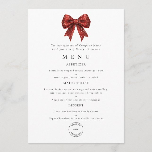 Convite Red Bow Business Logo Christmas Party Menu Card (Frente)