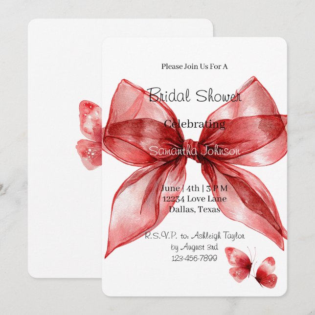 Convite Red Bow Butterflies Bridal Shower   (Frente/Verso)