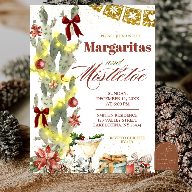 Convite Red bow Cactus Christmas Margaritas and Mistletoe (Criador carregado)