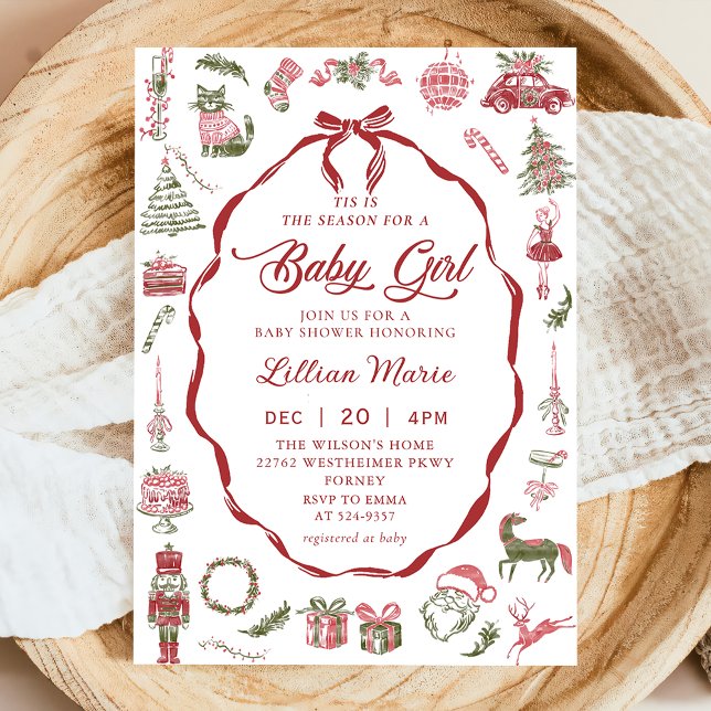 Convite Red Bow Christmas Baby Shower Invitation (Criador carregado)