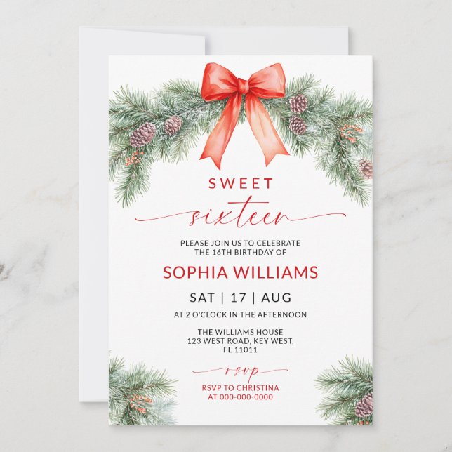 Convite Red Bow Christmas Sweet 16 Birthday Invitation (Frente)