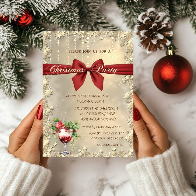 Convite  Red Bow Cocktail Poinsettia Christmas Corporated  (Criador carregado)