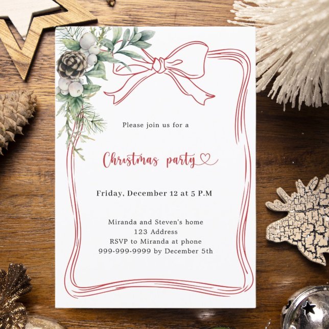 Convite Red bow pine greenery Christmas Party (Criador carregado)