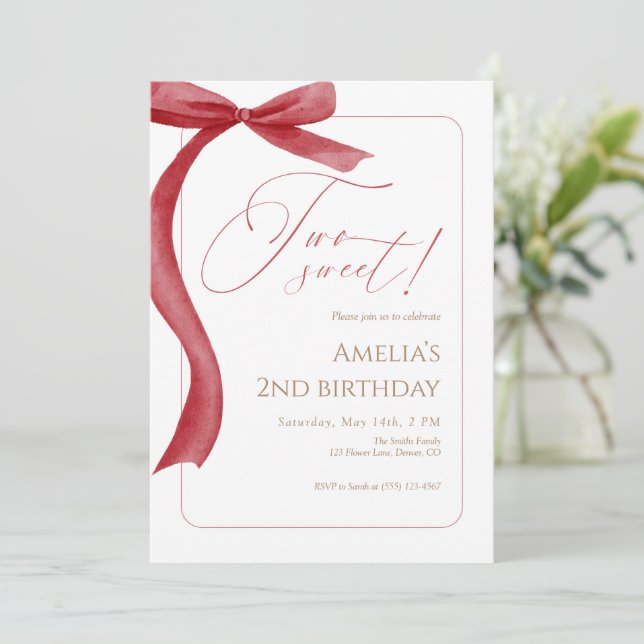 Convite Red Bow Second Birthday Invitation Two Sweet (Em pé/Frente)