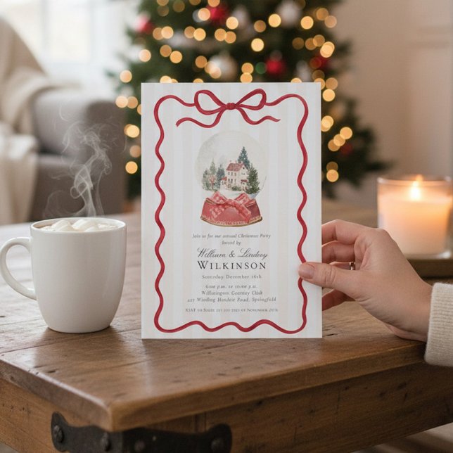 Convite Red Bow Snow Globe Christmas Party Invitation (Criador carregado)