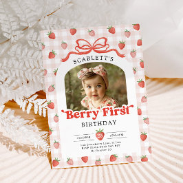 Convite Red Bow Strawberry Berry First Birthday Photo