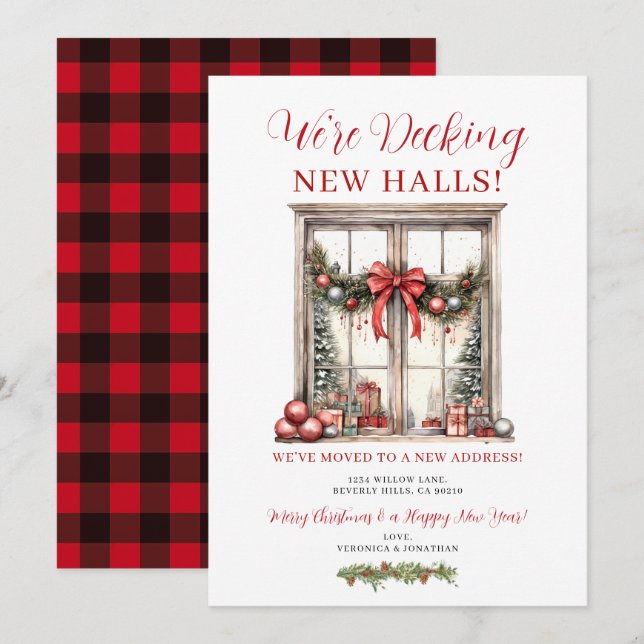 Convite Red Bow Winter Christmas New Address Announcement (Frente/Verso)