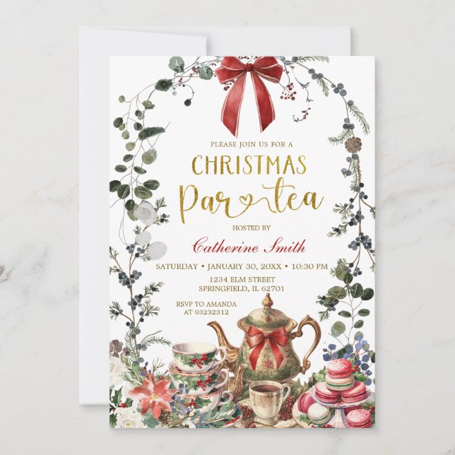 Convite Red Bow Winter Greenery Christmas Tea Party (Frente)