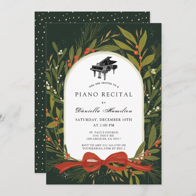 Convite Red Bow Wreath Piano White Recital Invitation (Frente/Verso)