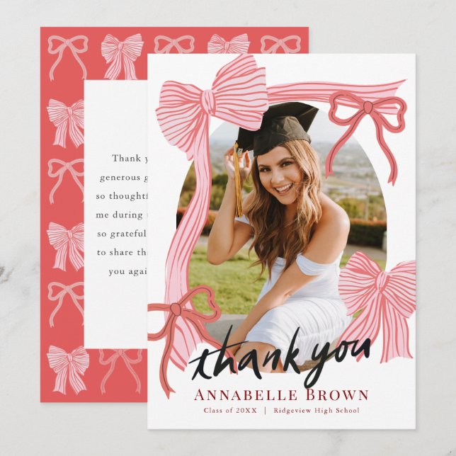 Convite Red Bows Photo Graduation Thank You Card (Frente/Verso)
