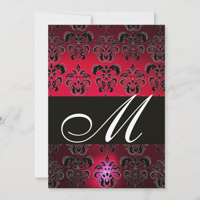 Convite RED BURGUNDY BLACK DAMASK MONOGRAMA rubi champanhe (Frente)