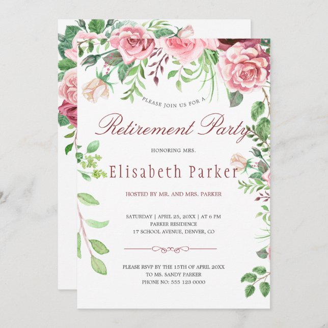Convite Red Burgundy Blush Pink Rosas Retirement Party (Frente/Verso)