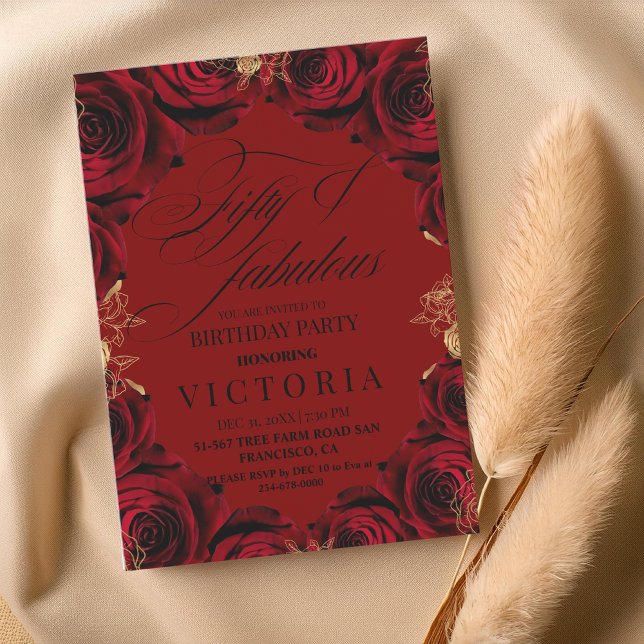Convite Red Burgundy Rosa 50th e Festa de aniversário fabu (Criador carregado)