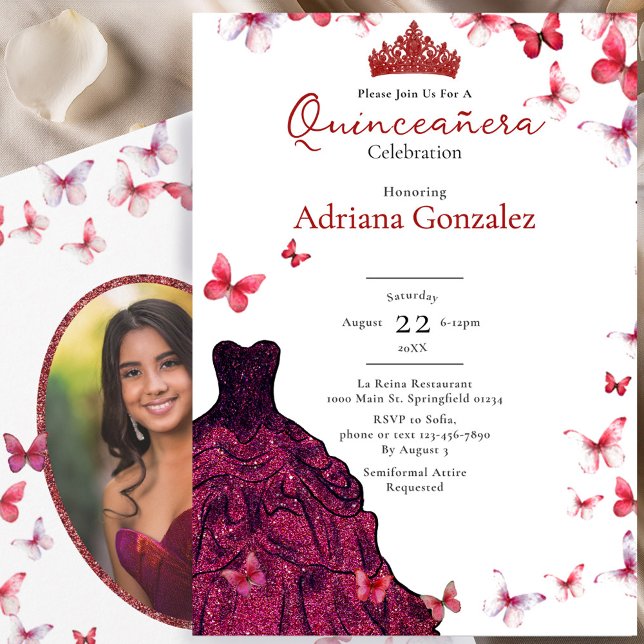 Convite Red Butterflies Dress Photo 15 XV Quinceanera (Criador carregado)
