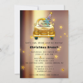 Convite Red Car Christmas Brunch Dinner Tree Gold Stars