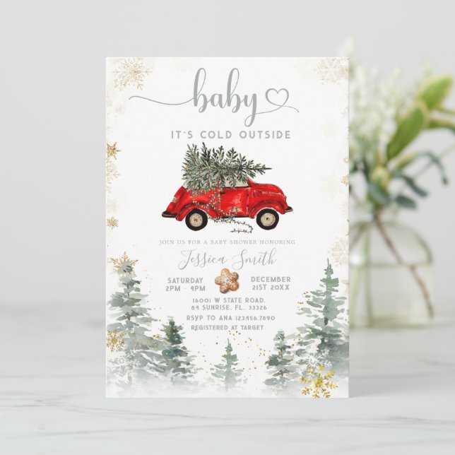 Convite Red Car Pine Tree Winter Baby Shower Invitation (Em pé/Frente)
