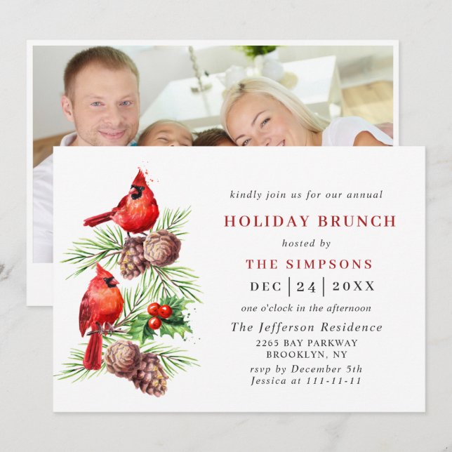 Convite Red Cardeal Holly Berry Natal HOLIDAY BRUNCH (Frente/Verso)