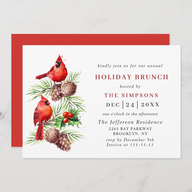 Convite Red Cardeal Holly Berry Natal HOLIDAY BRUNCH (Frente/Verso)