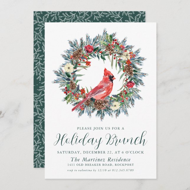 Convite Red Cardinal Wreath Holiday Brunch (Frente/Verso)