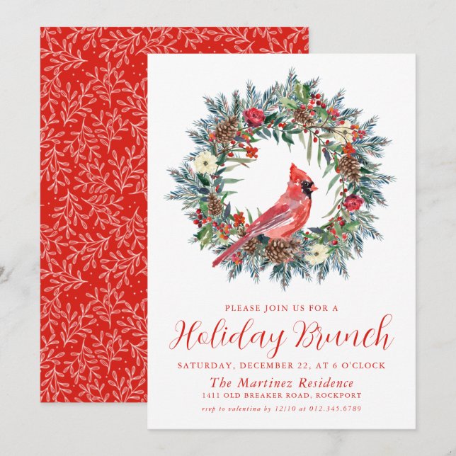 Convite Red Cardinal Wreath Holiday Brunch (Frente/Verso)