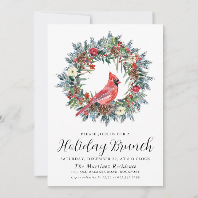 Convite Red Cardinal Wreath Holiday Brunch (Frente)